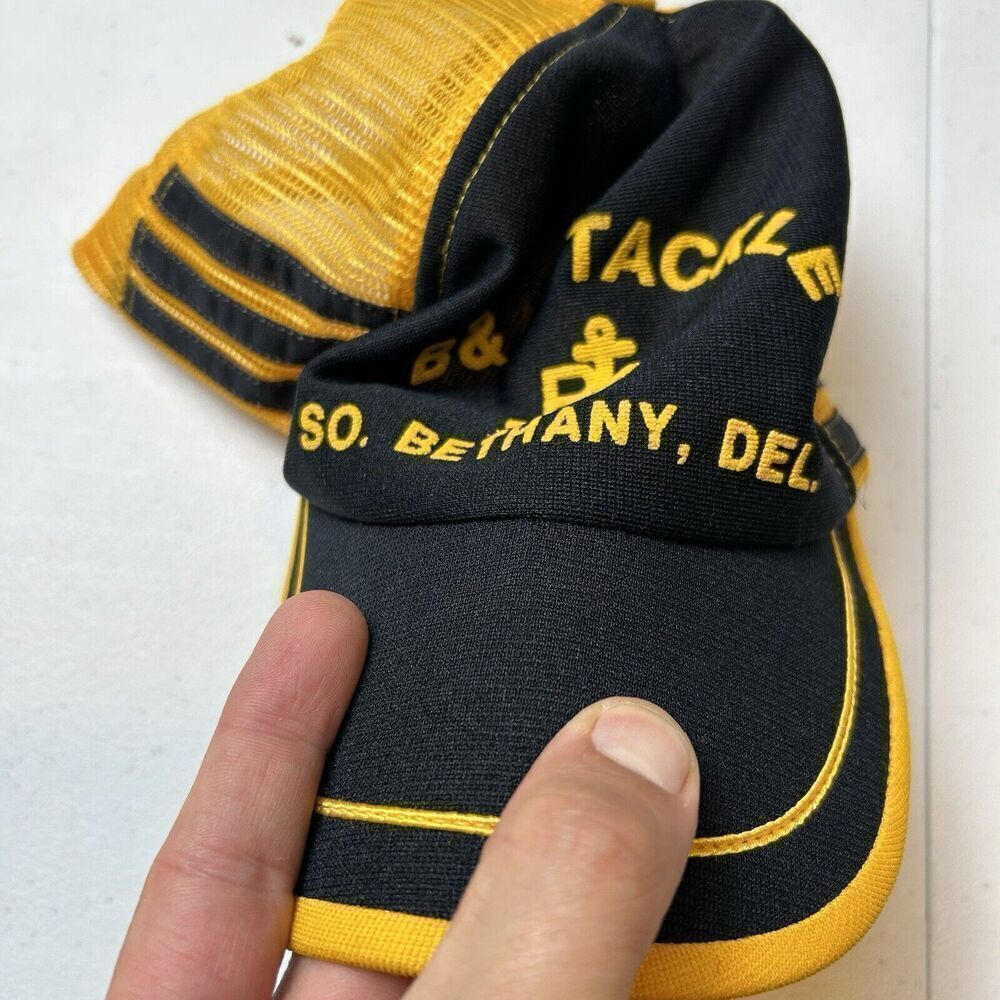 Vtg 3 Three Stripe Trucker Hat Fishing Tackle Black Yellow Snapback Mesh Cap USA - Picture 9 of 9